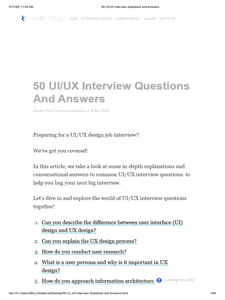 50 Essential UI/UX Interview Questions | PDF | Usability | User ...