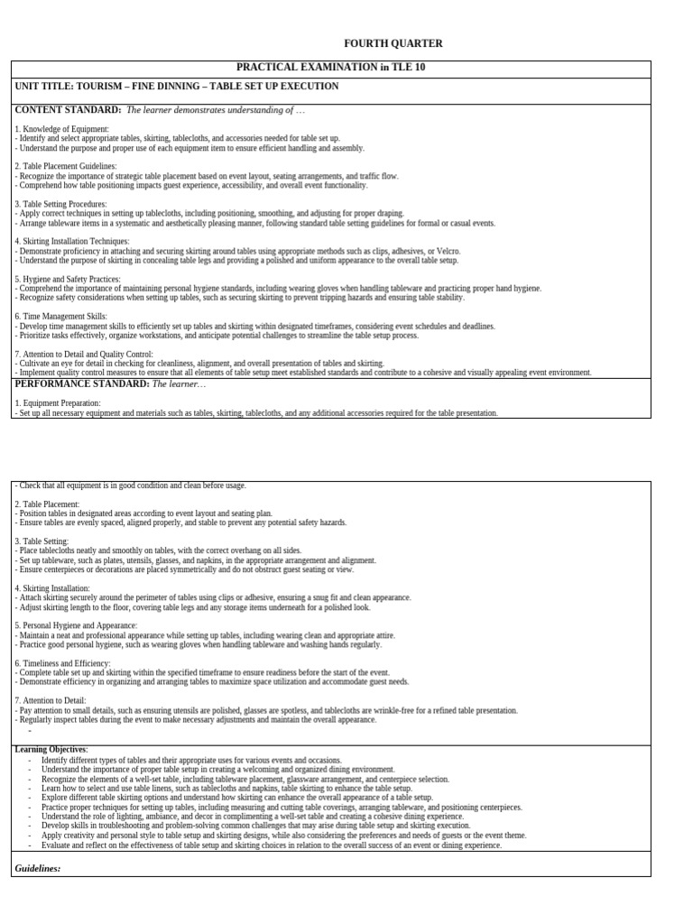 Fourth Quarter - Practical Examination - Tle 10 | PDF | Tableware
