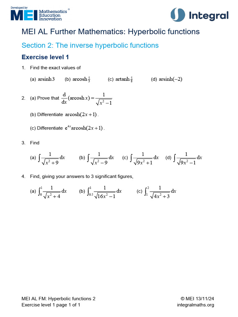 Inverse Hyperbolic Functions Exercises | PDF