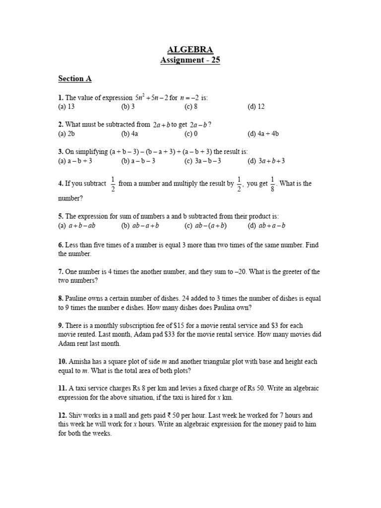 Algebra Assignment Solutions and Problems | PDF | Numbers | Arithmetic