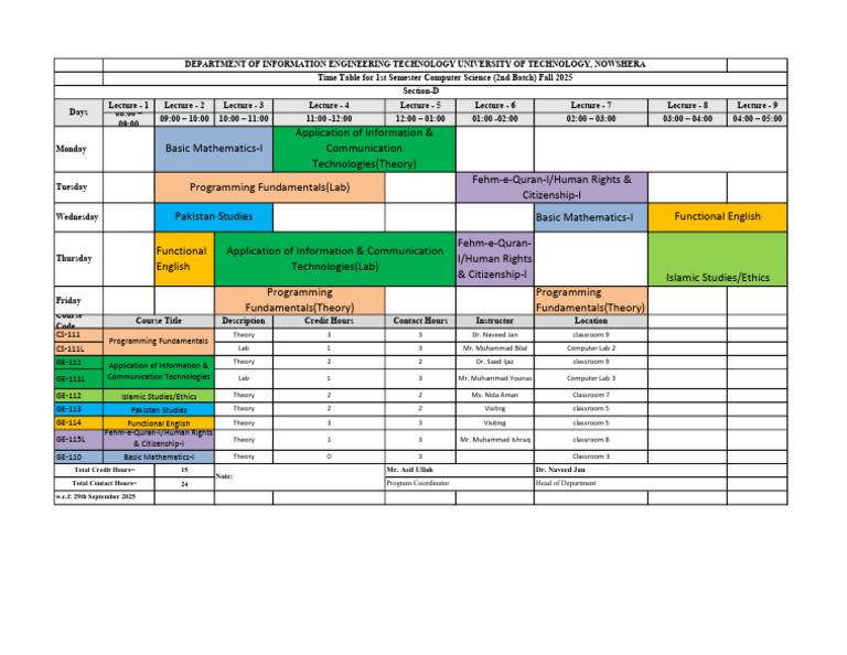 Fall 2025 CS 1st Semester Timetable | PDF