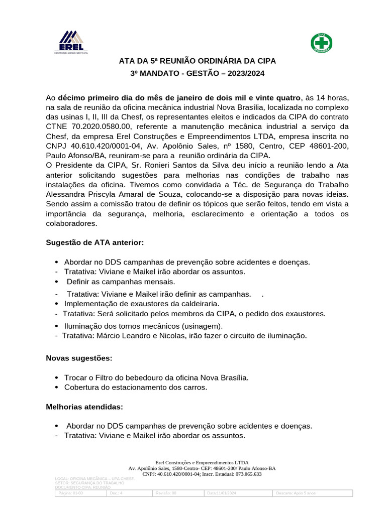 Ata da 5ª Reunião CIPA 2024 | PDF