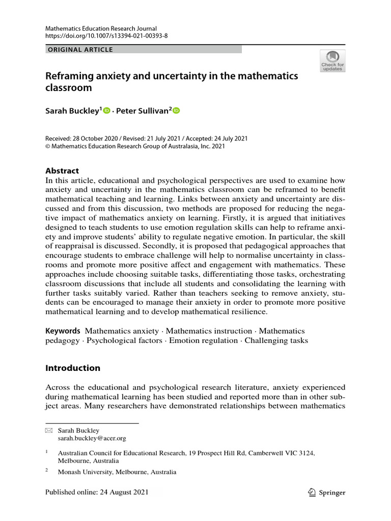 Reframing Math Anxiety in Classrooms | PDF | Anxiety | Emotions