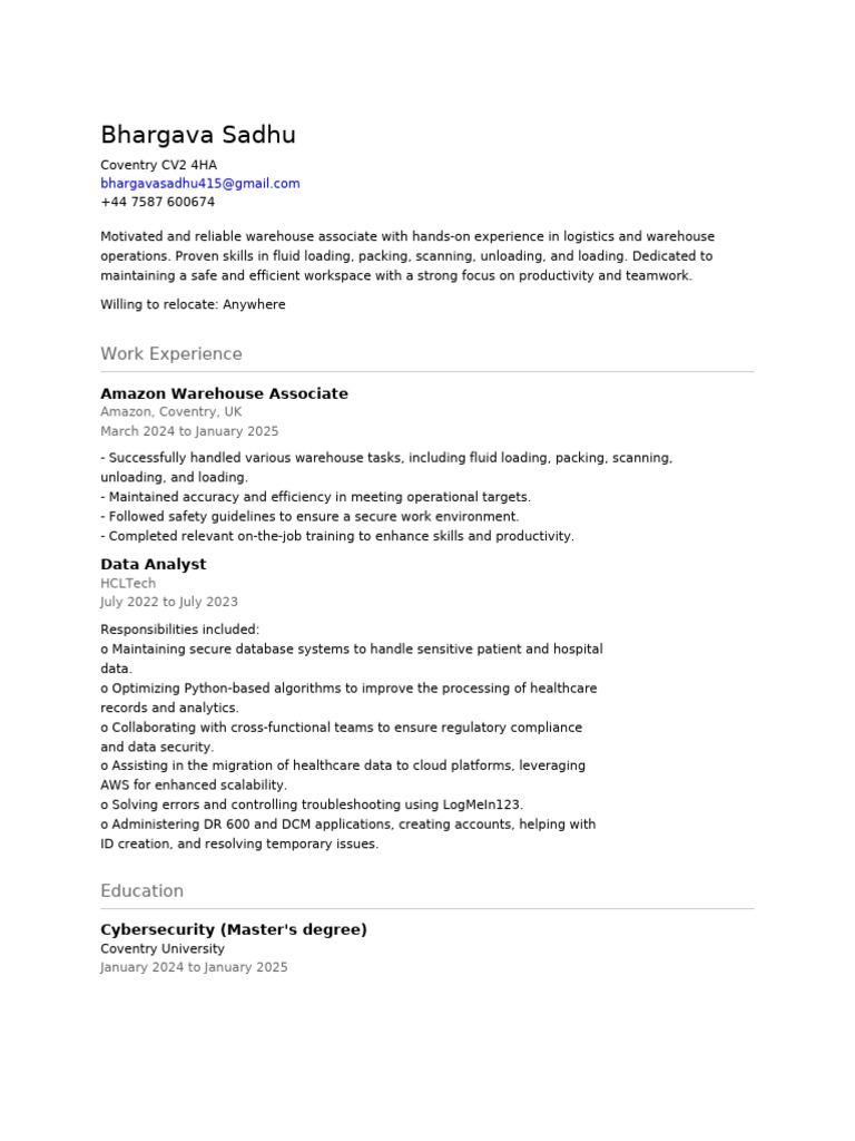 Warehouse Associate & Data Analyst Resume | PDF