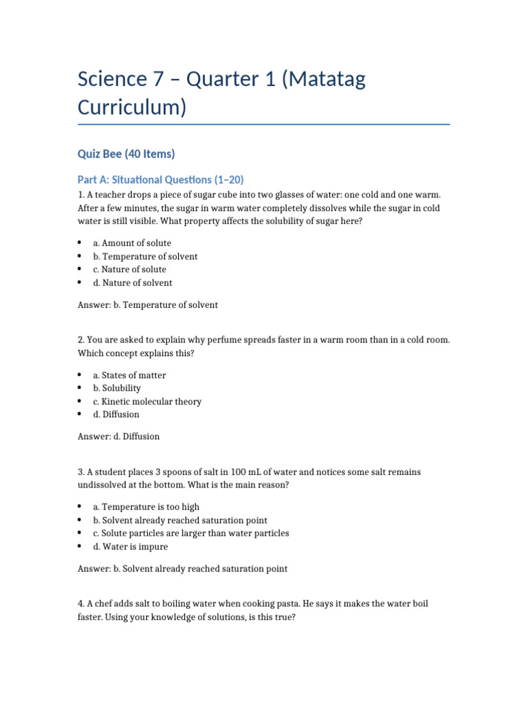 Science 7 Quarter 1 Quiz Bee Guide | PDF | Mixture | Gases