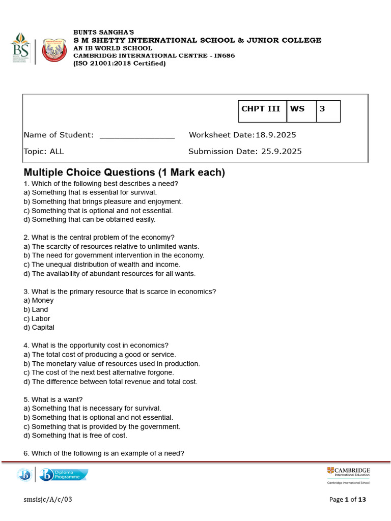 Economics Multiple Choice Worksheet | PDF | Opportunity Cost | Factors ...