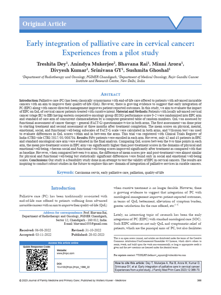 Early Integration of Palliative Care in Cervical Cancer: Experiences ...