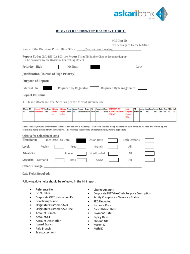 BRD - TB Banker Cheque Issuance Report | PDF | Cheque | Financial Services