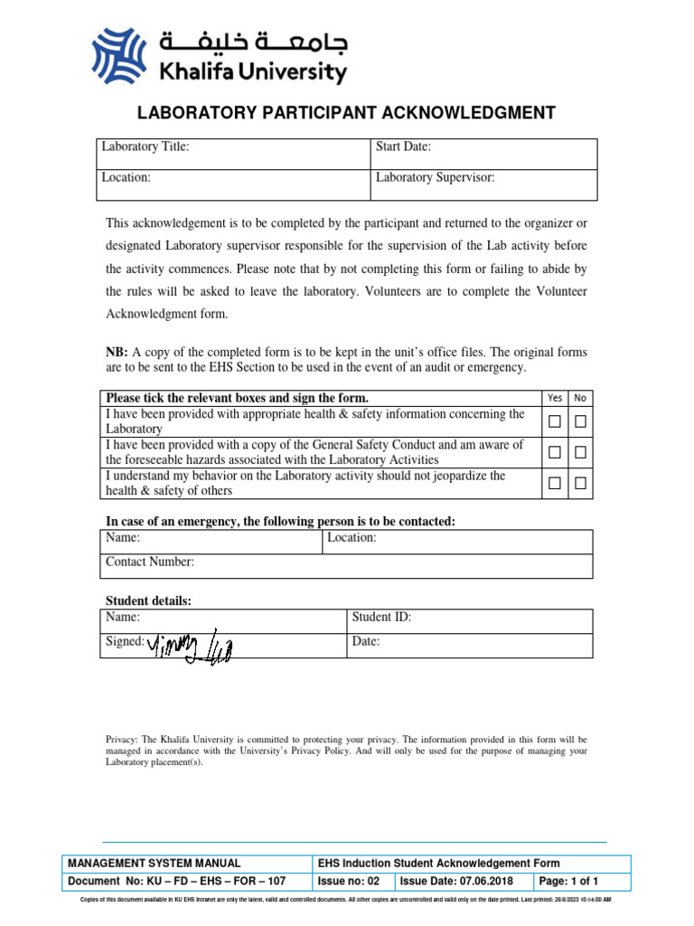 EHS Laboratory Induction Acknowledgment Form | PDF | Laboratories