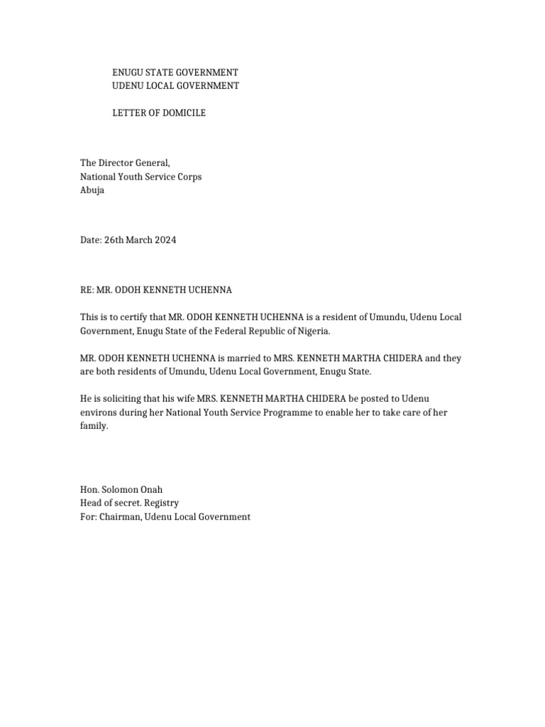 Domicile Letter for NYSC in Nigeria | PDF