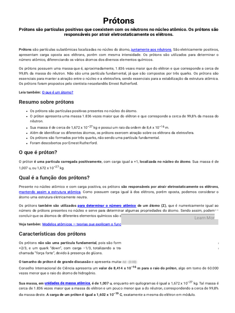 Entenda os Prótons: Estrutura e Função | PDF | Próton | Elétron