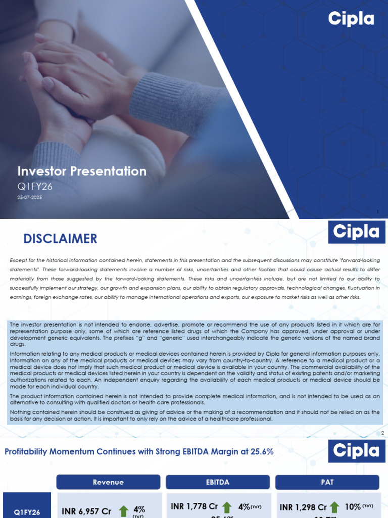 Cipla Q1FY26 Investor Highlights | PDF | Expense | Balance Sheet