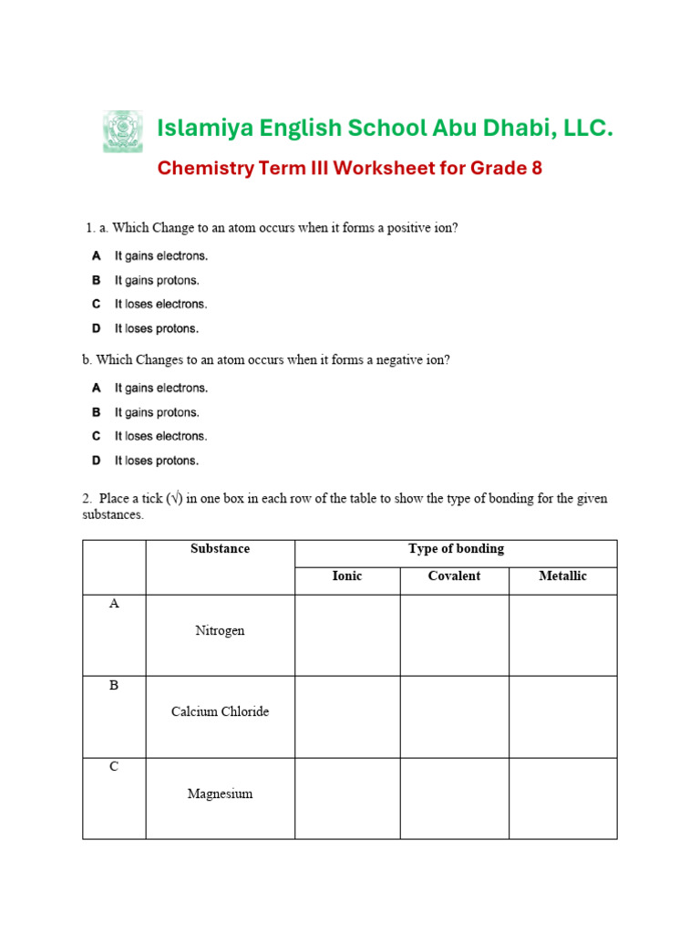 Grade 8 Chemistry Worksheet: Term III | PDF | Chemical Bond | Ion