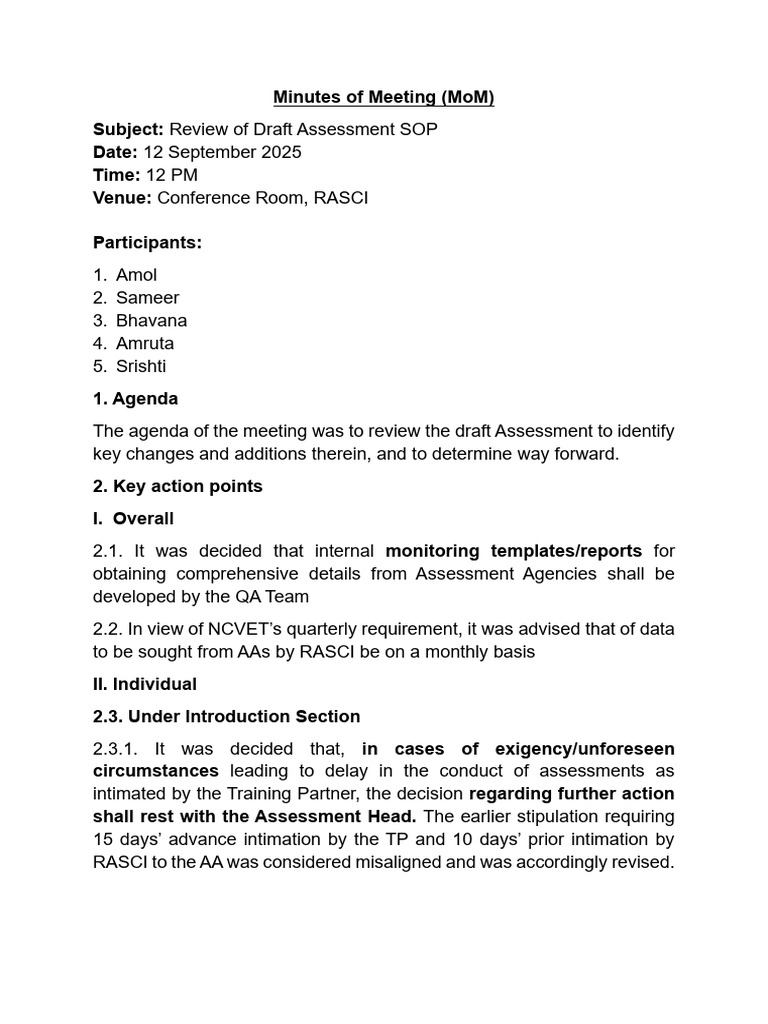 MoM 12 Sep Draft Assessment SOP v1 | PDF