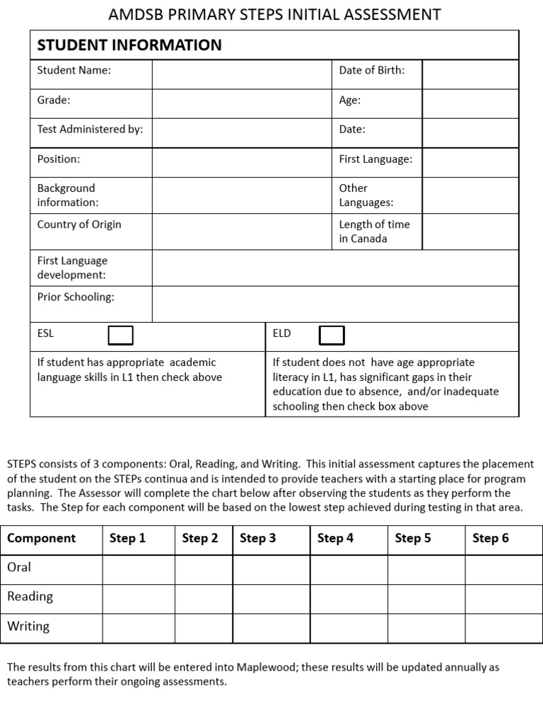Initial Primary Step Assessment | PDF | Reading Comprehension | Cognition