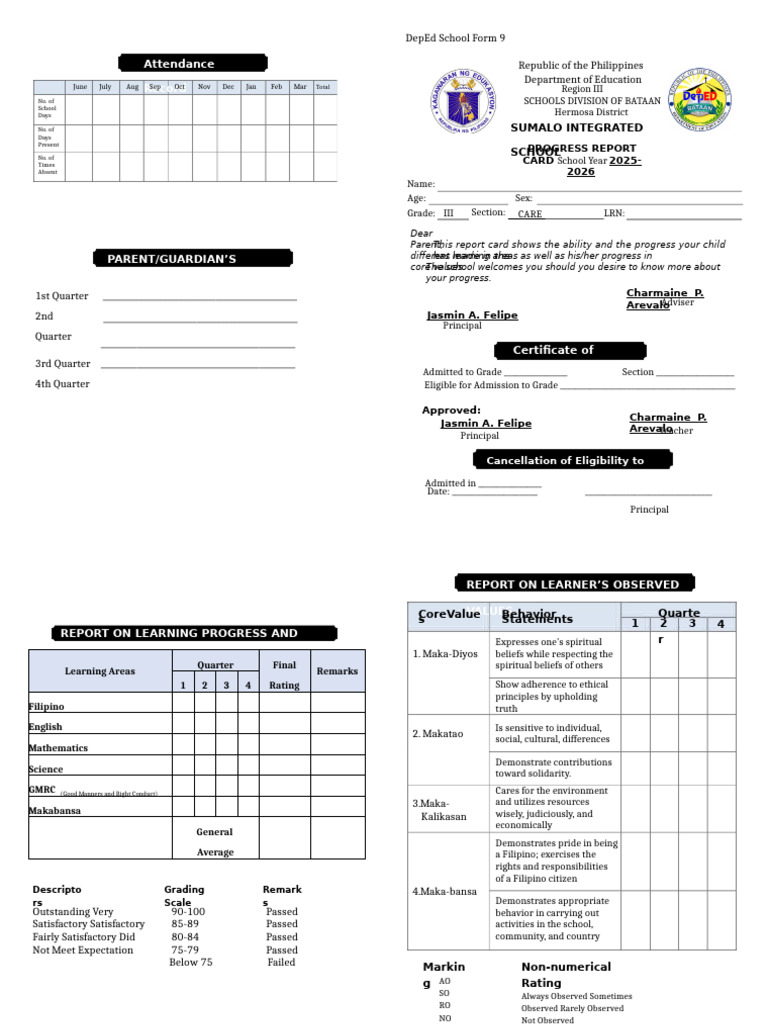 Student Progress Report Card 2025-2026 | PDF