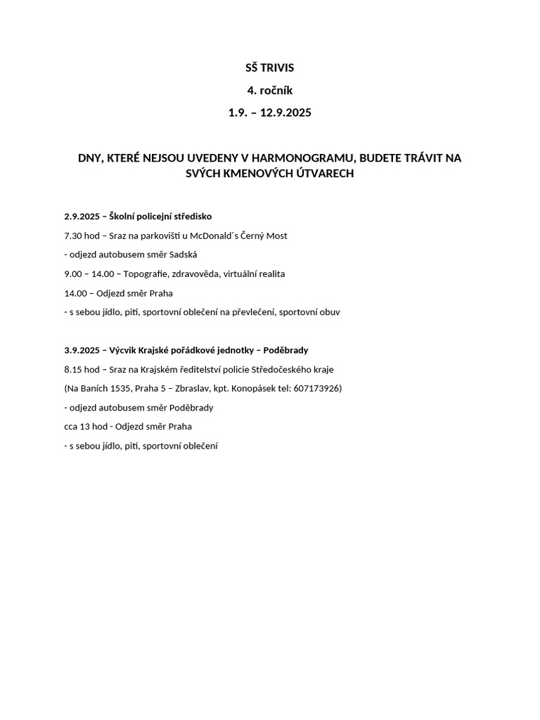 Harmonogram SŠ Trivis 2025 - Podzim 2025 | PDF