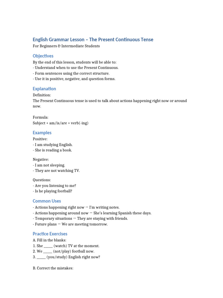 Present Continuous Tense Explained | PDF
