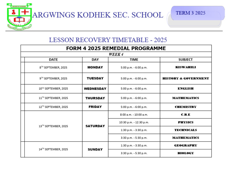 Form 4 2025 Remedial Timetable | PDF