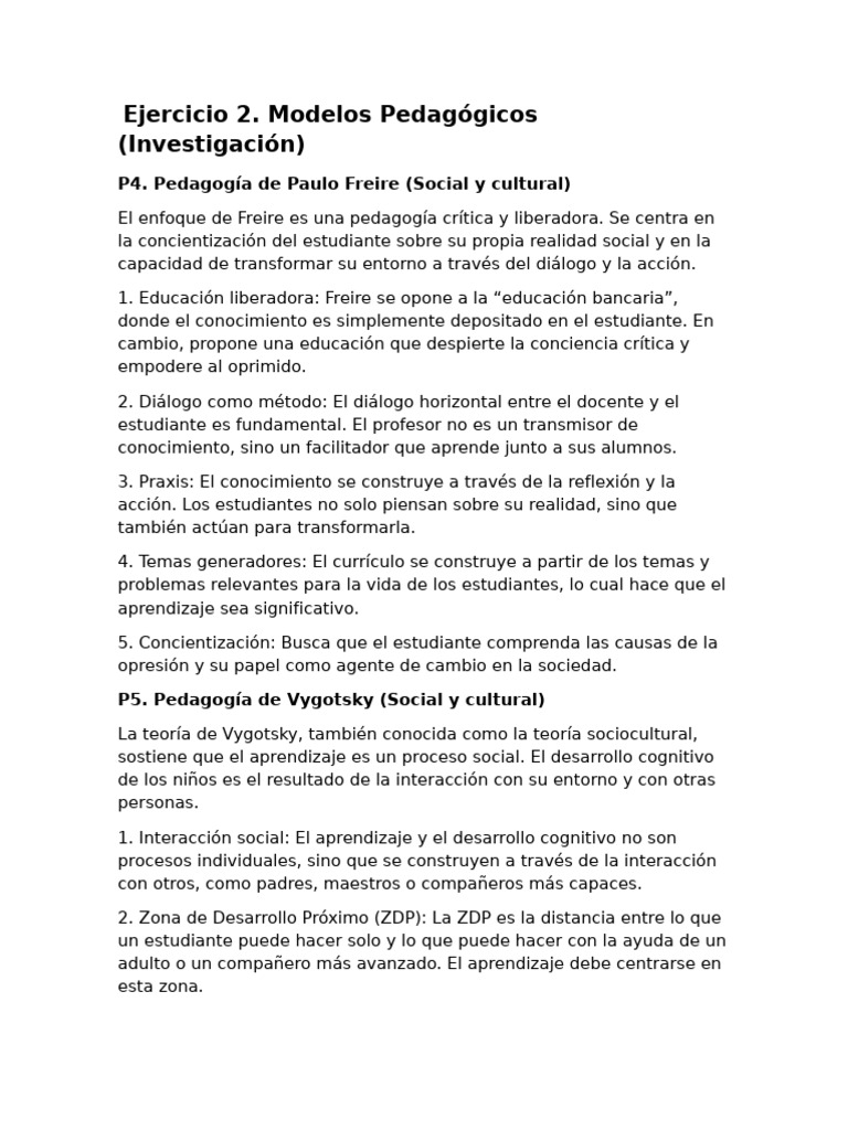 Modelos Pedagógicos: Freire, Vygotsky y Más | PDF | Aprendizaje | Maestros