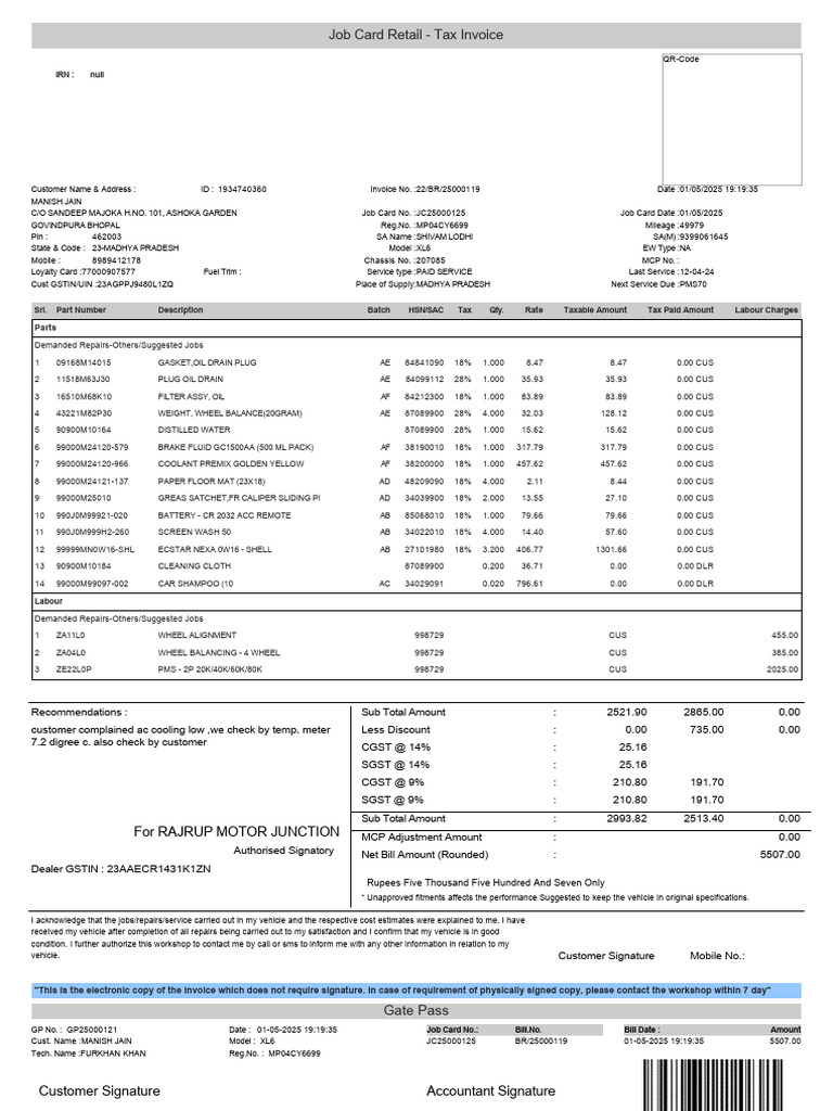 Job Card Invoice for XL6 Service | PDF | Motor Vehicle | Private Transport
