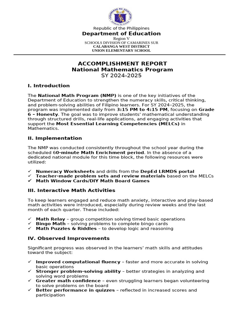 National Math Program Accomplishments 2024 | PDF | Mathematics | Learning