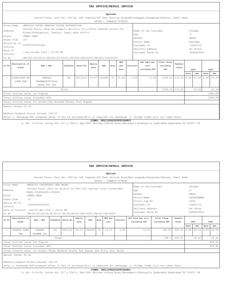 Tax Invoices from MedPlus Chennai | PDF | Invoice | Business Documents