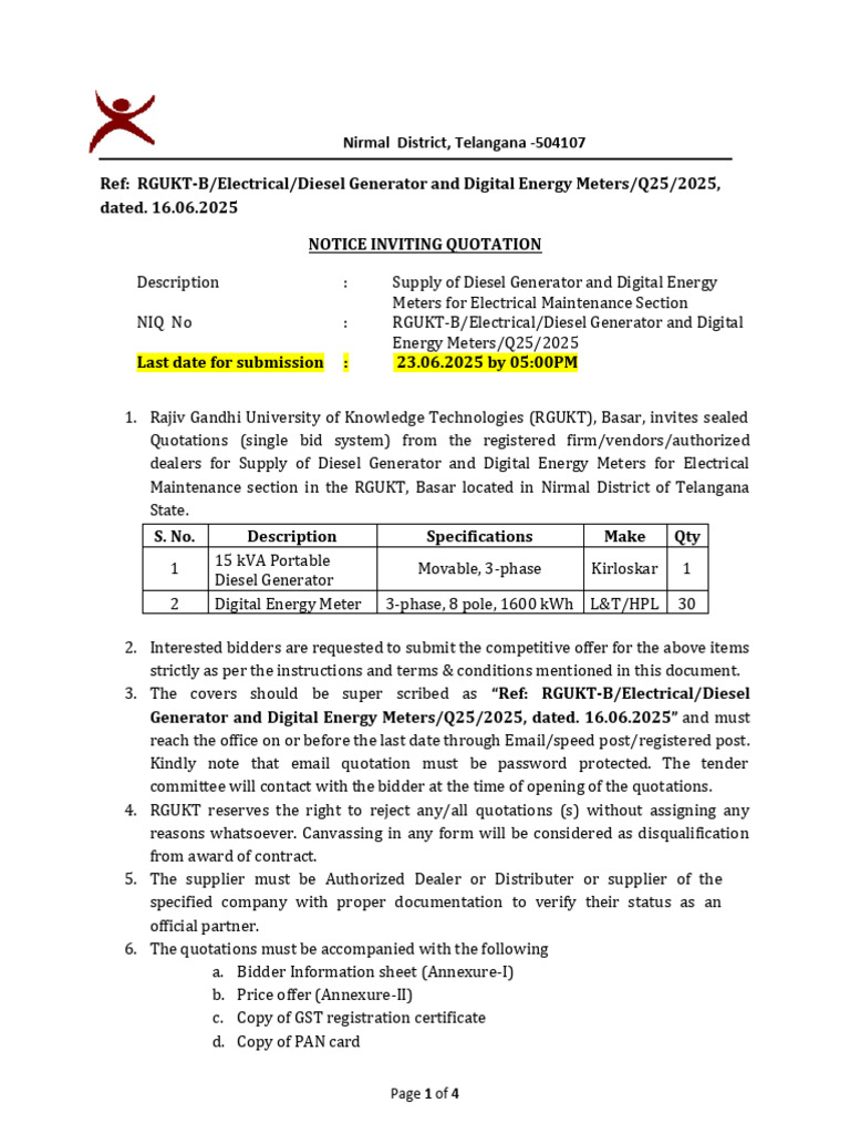Diesel Generator & Energy Meters Quotation | PDF