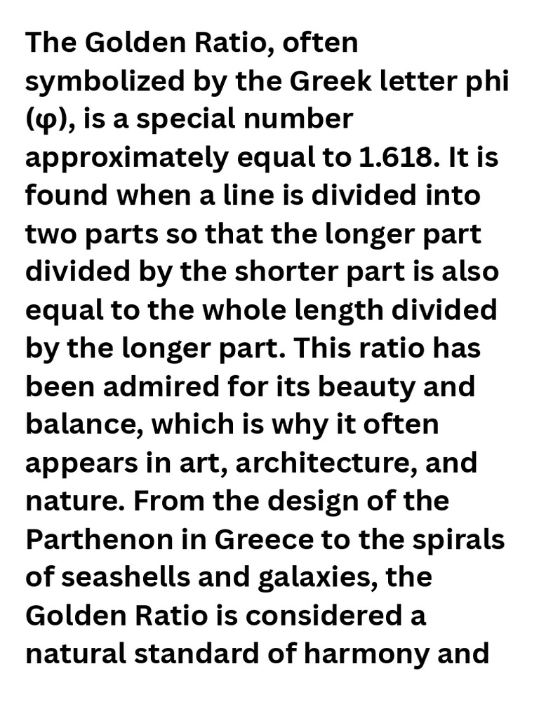 The Golden Ratio, Often Symbolized by the Greek Letter Phi (φ), Is a ...