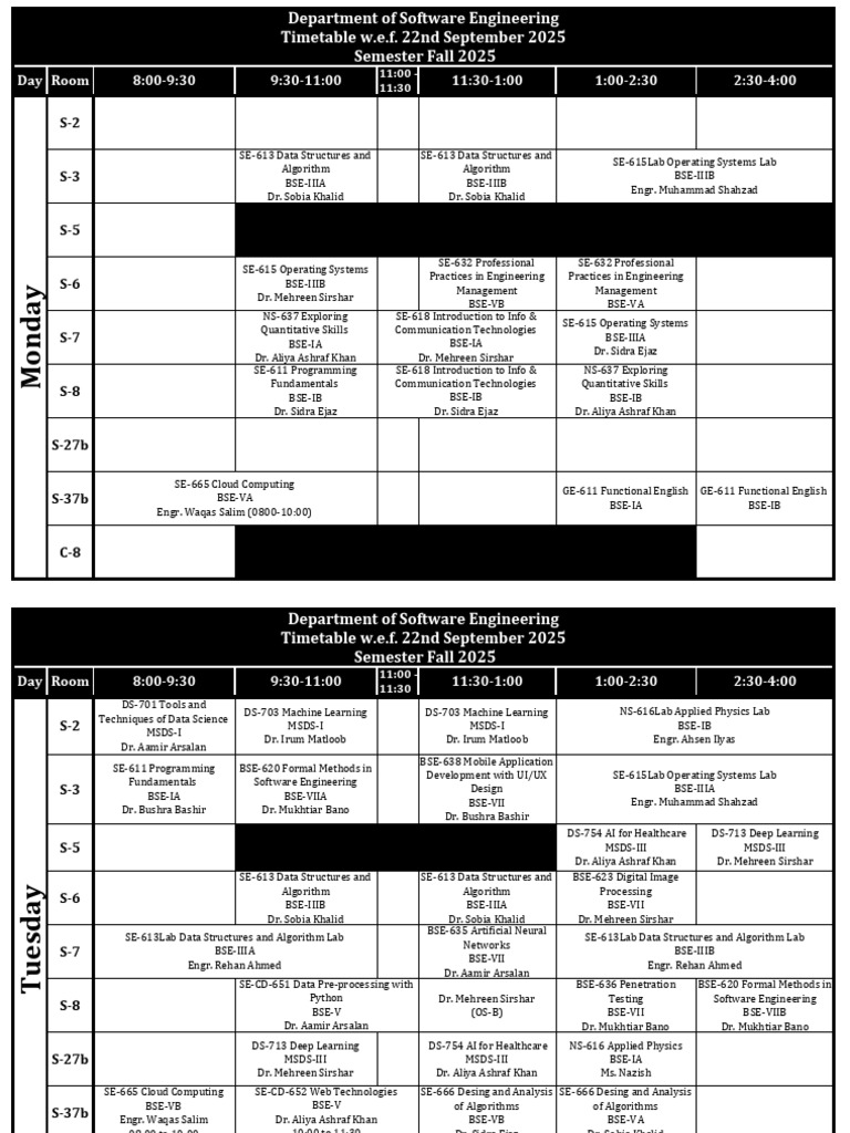 Software Engineering Timetable Fall 2025 | PDF | Applied Mathematics ...