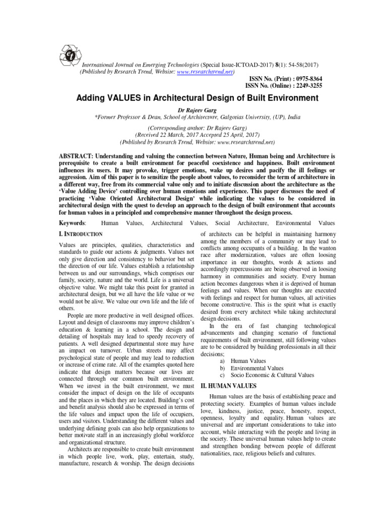 Adding VALUES in Architectural Design of Built Environment | PDF ...