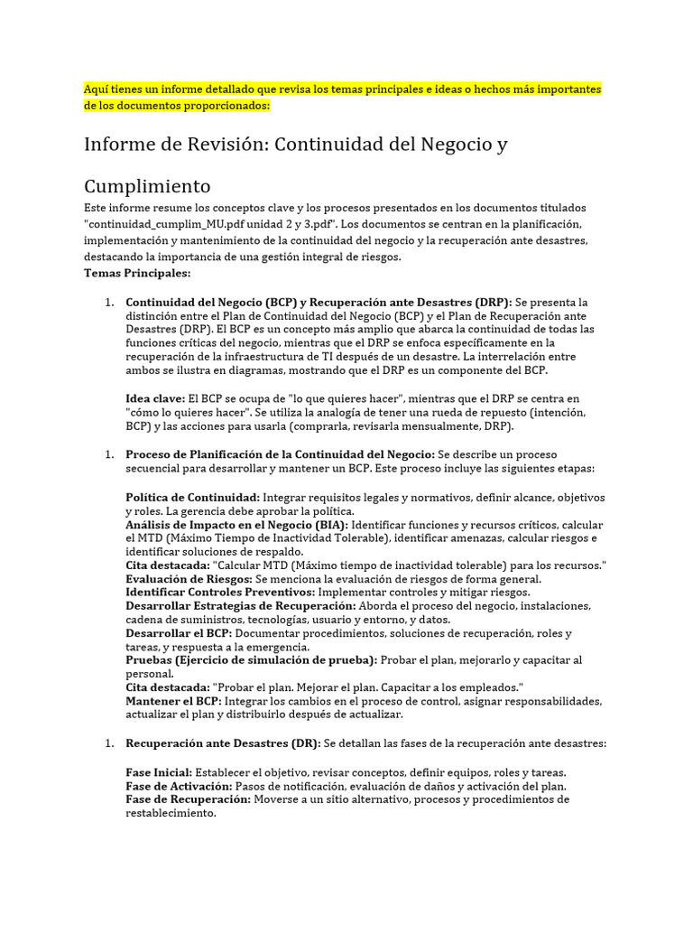 Continuidad del Negocio y Recuperación | PDF