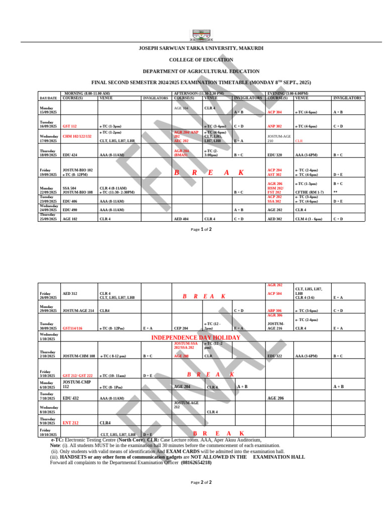 2025 Second Semester Exam Timetable | PDF