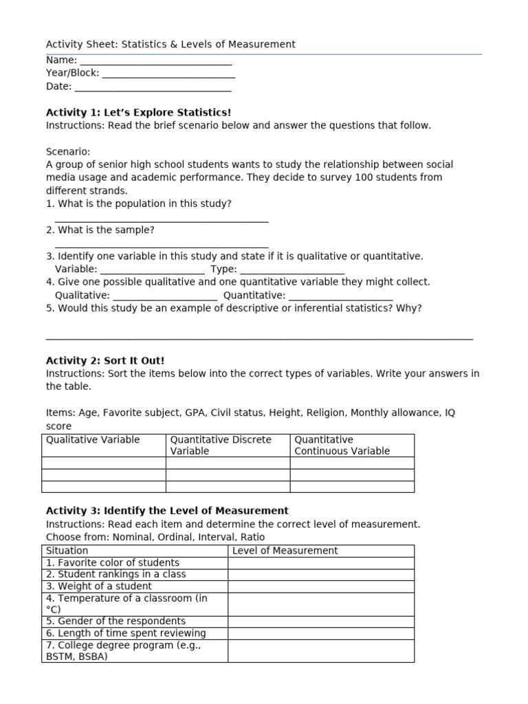 Activity Sheet Statistics and Levels of Measurement | PDF