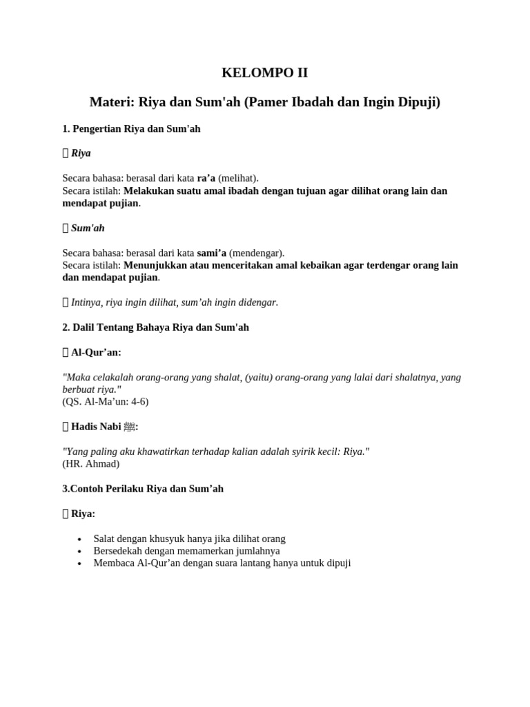 Riya dan Sum'ah: Bahaya dan Contoh | PDF