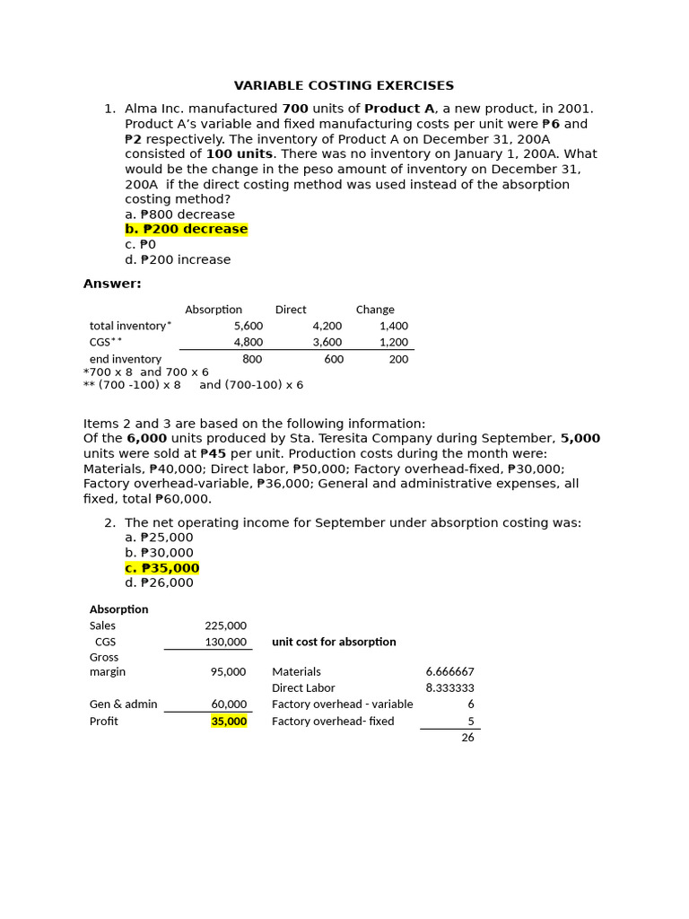 Variable Costing Exercises and Solutions | PDF | Inventory | Cost Of ...