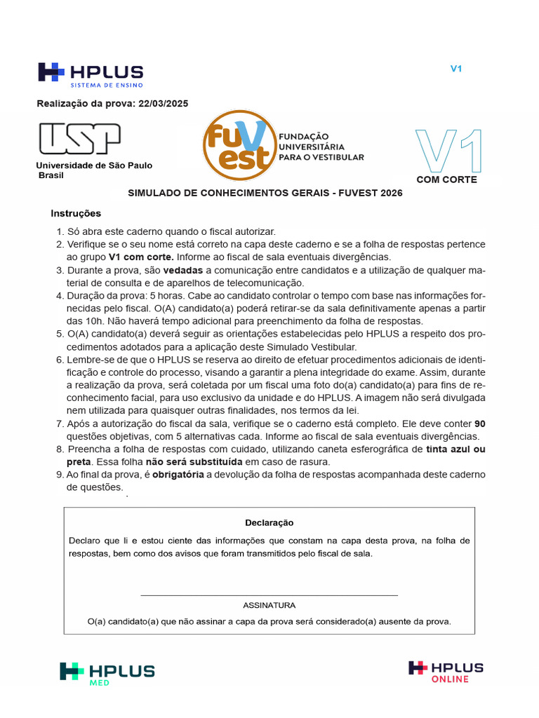 Instruções Simulado FUVEST 2026 | PDF | Obesidade | Adaptação