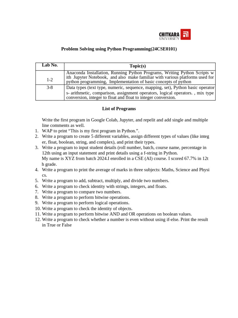 Week 1 - List of Programs | PDF