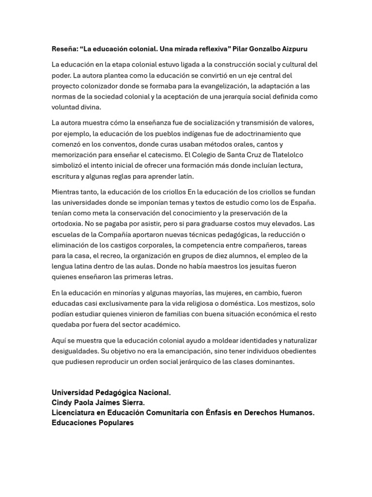 Reseña La Educacion Colonnial | PDF
