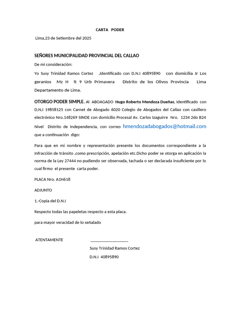 Carta Poder 23-9 - 2025 Sussy Trinidad Ramos | PDF
