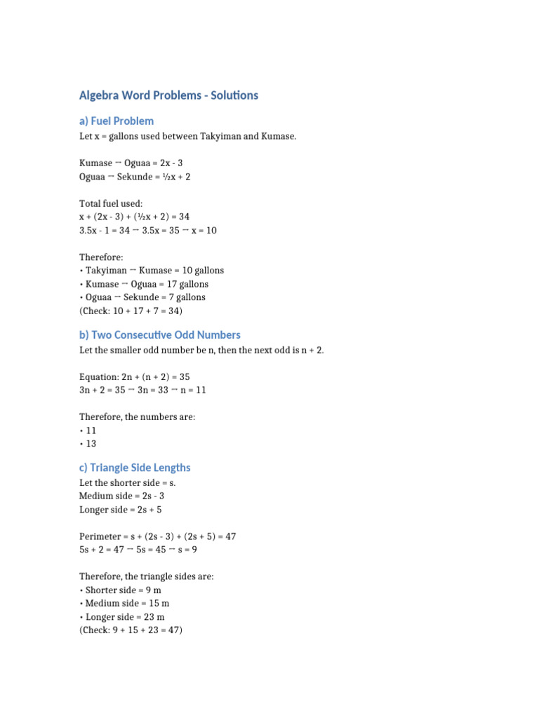 Algebra Word Problems Solutions | PDF