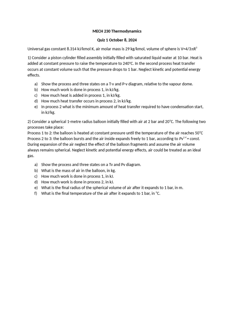 MECH 230 Thermodynamics Quiz 1 Overview | PDF
