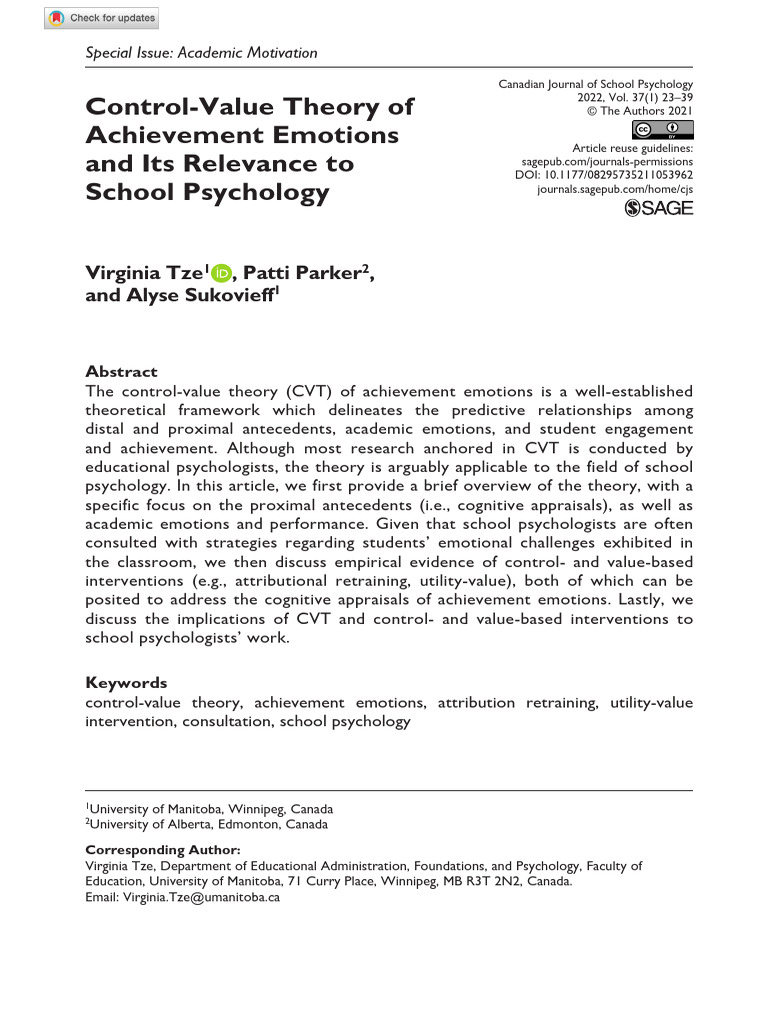 Control Value Theory of Achievement Emotions and Its Relevance To ...