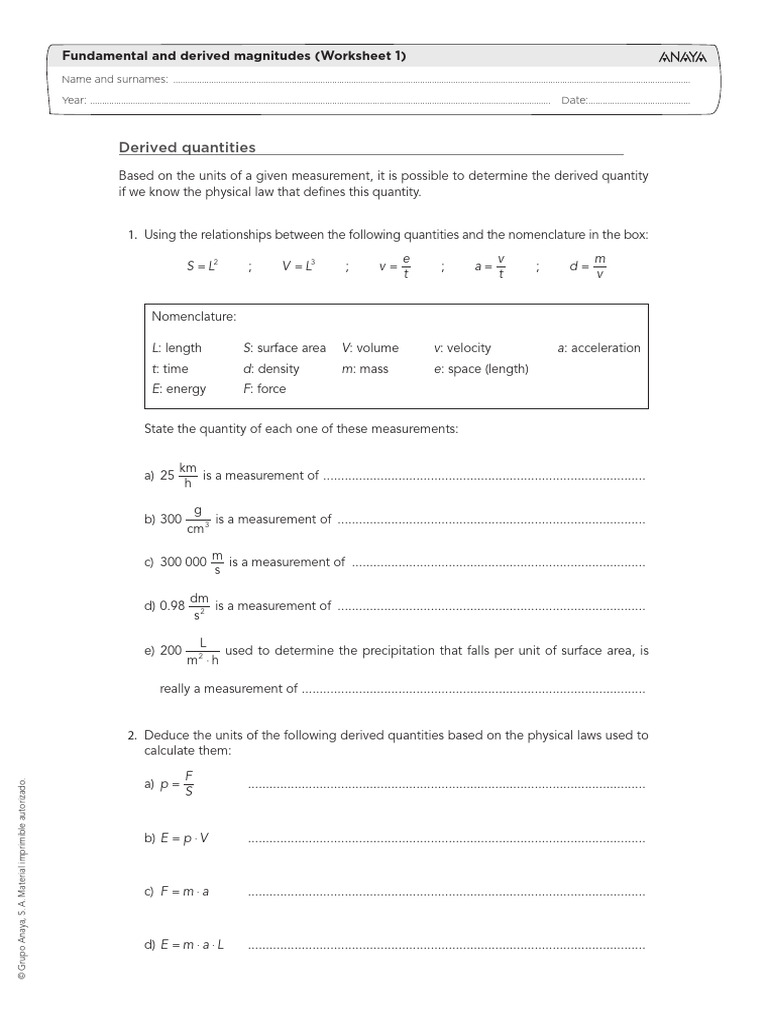 Derived Quantities and Measurements Worksheet | PDF | Quantity ...