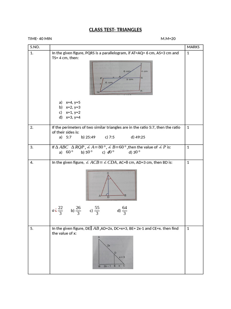 Class Test on Triangle Properties | PDF | Shape | Euclidean Geometry