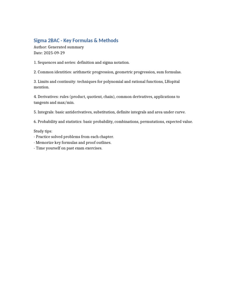 Sigma Math 2BAC: Formulas & Methods | PDF