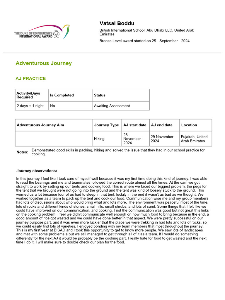 Practice Adventurous Journey Assessor Report | PDF