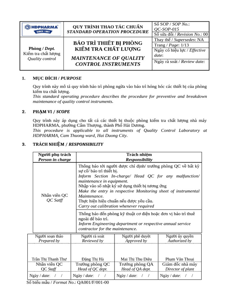 QC SOP 015 Maintenance of Laboratory Instruments VE | PDF