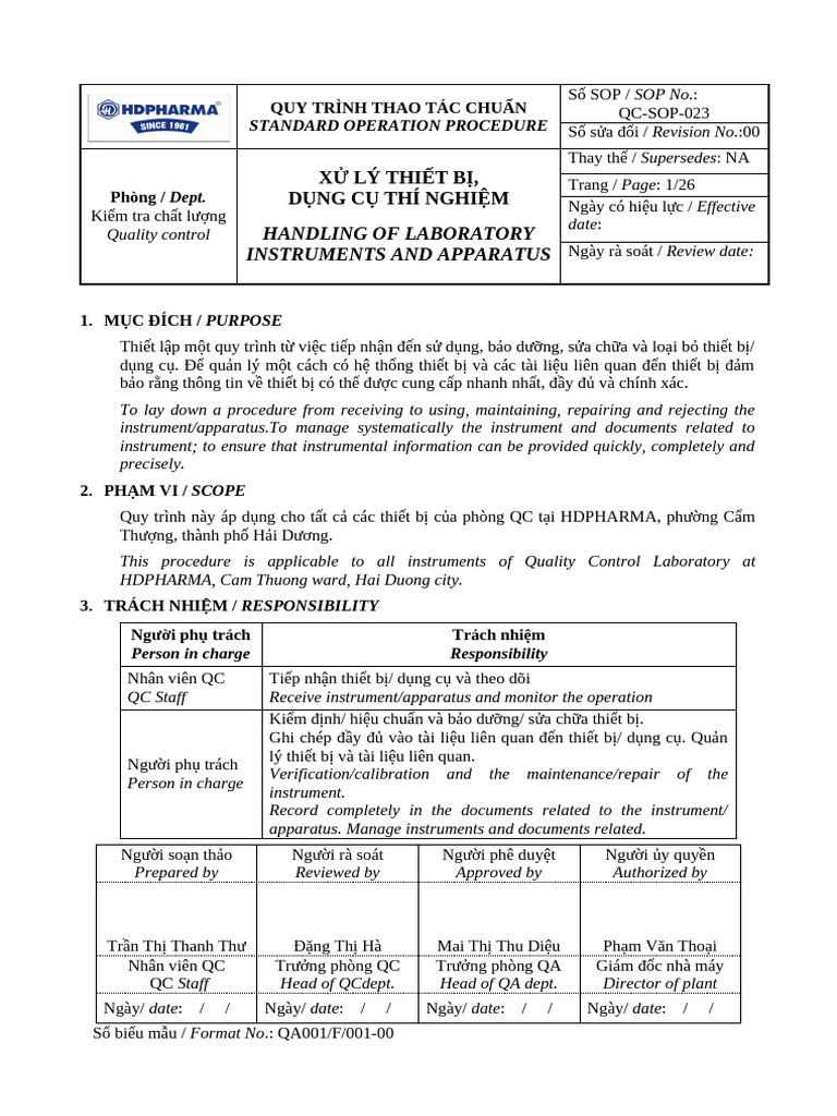 QC-SOP-023 Handling of Laboratory Inst and Apparatus - VE | PDF
