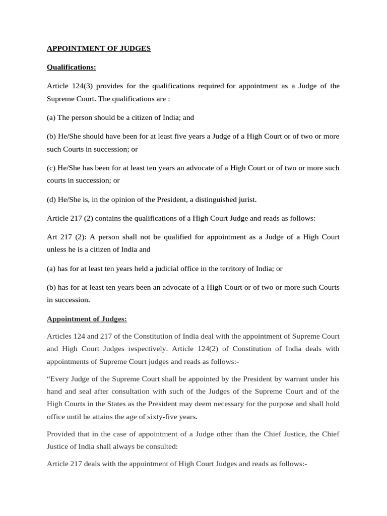 Art. 124 Appointment of Judges | PDF | Supreme Court Of India | High ...